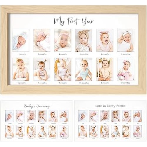 My First Year Photo Frame, 12 Months Baby Picture Frame for Newborn Girl,Boy - Baby Shower Gifts Keepsakes,Monthly Baby's One Year Birthday Milestone,1st Nursery Photo Collage Display Board (Ash Wood)