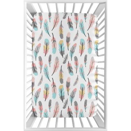 Sweet Jojo Designs Girl Baby Fitted Mini Crib Sheet Feather Blue Pink And Grey