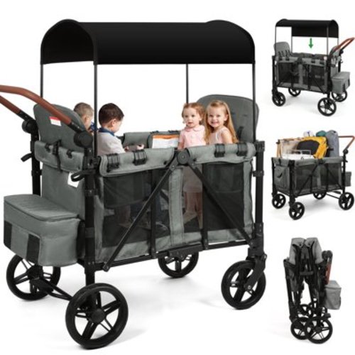 Vomeast Wagon Stroller for 4 Kids, 3-in-1 Wagon Stroller with Canopy, 5-Point Harness, Adjustable Handlebars, Removable Seat for Toddlers, Grey