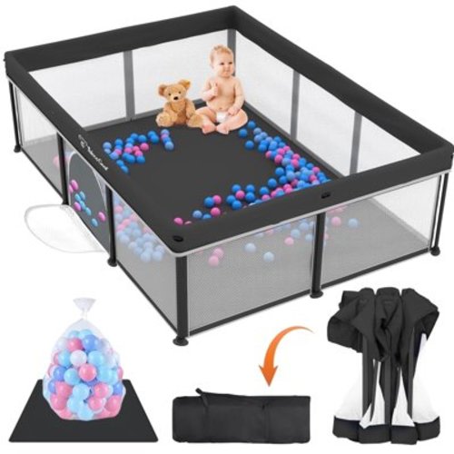G TALECO GEAR Foldable Baby Playpen with Mat, Indoor & Outdoor Kids Safety Play Pen for Babies and Toddlers, Portable Play Yard with 50 Ocean Balls, 50"×70", Black
