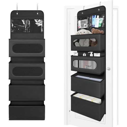 Over The Door Organizer, Door Hanging Organizer with 2 Small PVC and 4 Large Pockets Behind The Door Storage Organizer for Nursery Closet Cabinet Baby Storage Diapers Cosmetics, Toys - 5-LAYER - Black