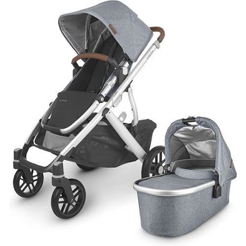 UPPAbaby Vista V2 Stroller/Convertible Single-to-Double System/Bassinet, Toddler Seat, Bug Shield, Rain Shield, and Storage Bag Included/Gregory (Blue Mélange/Silver Frame/Saddle Leather)