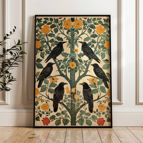 Crow art, Crows in floral tree, Decorative Floral Pattern, Vintage Style, Art Nouveau design, Home Decor, Crow, and flowers. Shipped art