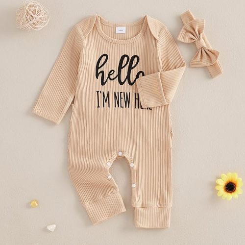 FIOMVA Im New Here Newborn Outfit Girl Long Sleeve Letter Romper Ribbed Knit Jumpsuit Baby Girl Preemie Coming Home Outfit