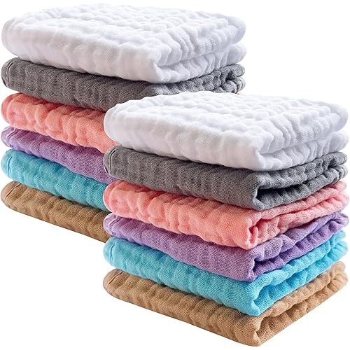SWEET DOLPHIN 12 Pack Baby Muslin Washcloths - Soft Face Cloths for Newborn, Absorbent Bath Wash Cloths, Wipes, Burp Rag - Toddlers Essentials Stuff, Baby Registry as Shower -10"x10", Multicolor