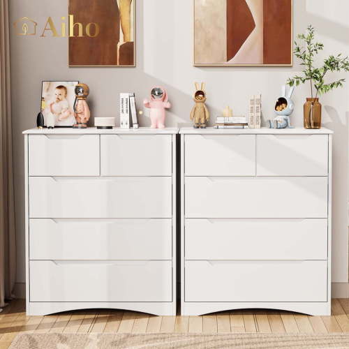 Aiho White Dresser with 5 Drawers, Wood Tall Chest, Built-in Handle Drawers for Bedroom, Home, Living Room - White