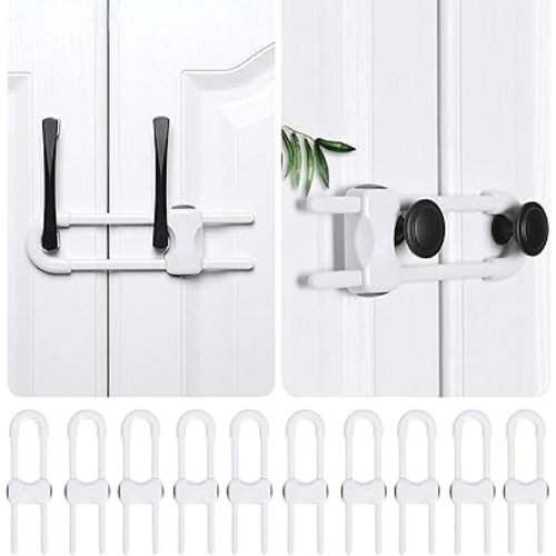 10 PACK Child Proof Cabinet Locks Set, Baby Proofing Adjustable U-Shaped Sliding Locks For Cabinets, Drawers, Closets, Cupboard Handles And Door Knobs. Easy to Use Perfect For Baby Safety (White)