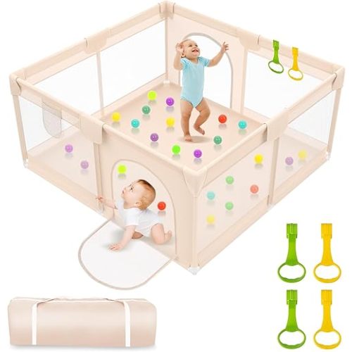 Playpen for Babies and Toddlers 50x50 inch - Extra Large Baby Gate Playpen with Soft Breathable Mesh Cover - Indoor and Outdoor Baby Playpen - Portable Playpen for Babies (Apricot)