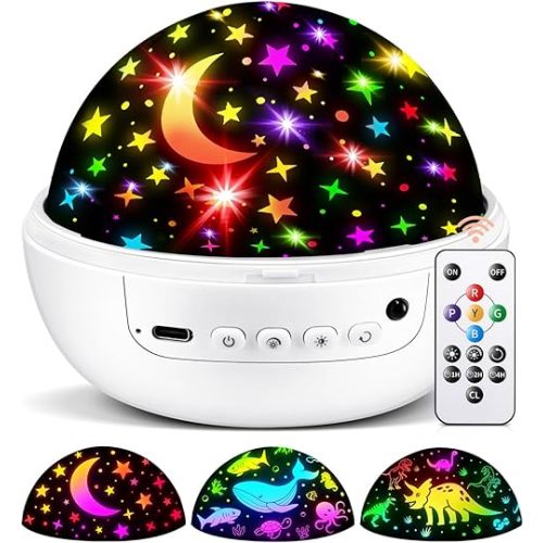 COOLNIGHT Boy Room Decor, 93 Lighting+3 Films Toddler Room Decor, Remote+Dimmable+360° Slient Nightlight for Baby Nursery, Starry Night Light Up Toys, Moon Projector (White)