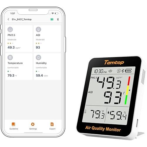 Temtop Smart Air Quality Monitor - Indoor Air Quality Meter with PM2.5, AQI, Temperature, and Humidity Detector for Home, Office, or School, App Connectivity, 60-Day Battery Life