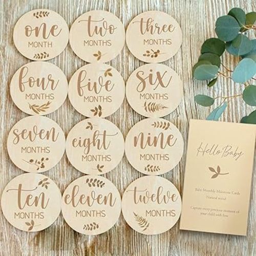 Baby Monthly Milestone Markers, Wooden Material, Double-Sided Printing, Natural Wood Color, 1-12 Months, Set of 6, 4 Inches in Size.