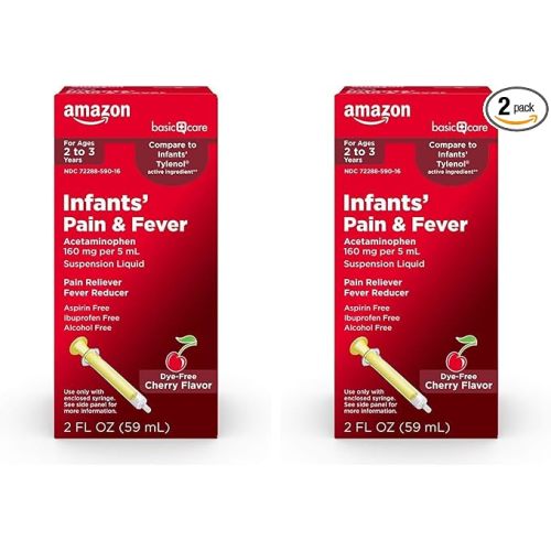 Amazon Basic Care Infants' Pain & Fever, Acetaminophen 160 mg per 5 mL, Suspension Liquid, Dye-Free Cherry Flavor, 2 fl oz (Pack of 2)