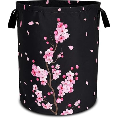 Pink Cherry Blossoms Laundry Basket Flowers Foldable Oxford Cloth Funny Tote Bag Laundry Hamper Clothes Storage Bucket Toy Organizer For Bathroom/Laundry Storage/Bedroom 18.9x16.5 Inch