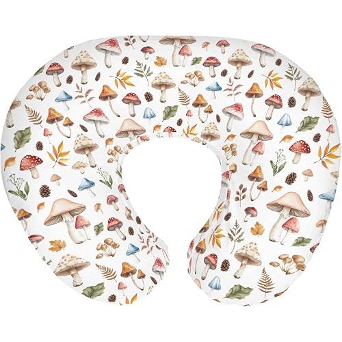 Watercolor Mushrooms Baby Nursing Pillow Covers for Boy Girl Mushrooms Leaves Nursing Slipcovers for Breastfeeding Pillows Autumn Plant Soft Stretchy Removable Cover for Newborn Infant