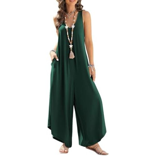 Happy Sailed Womens Overall Jumpsuits Summer Sleeveless Ruched V Neck Flared Wide Leg Pants Rompers with Pockets