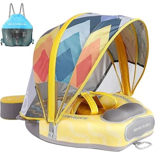 Mambobaby Float Upgrade Add Tail Baby Float with Canopy for Infant Waist Swimming Ring Swim Trainer Non-Inflatable Floats Toys with Adjustable Safety Strap (Yellow - Colorful Fish)