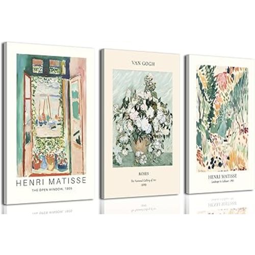 Hwetui Framed Matisse Wall Art Set of 3 Vintage Sage Green Floral Canvas Wall Decor Paintings Abstract Van Gogh Artwork Aesthetic Posters Prints Picture for Living Room Bedroom Bathroom 12x16Inch