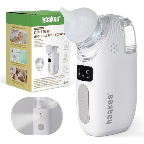 Haakaa Nasal Aspirator for Baby, 2-in-1 Electric Baby Nasal Aspirator with Sprayer – Baby Nose Sucker, Nose Sucker for Baby – 5 Adjustable Suction Levels up to 65kPa, Quiet, Music & Lights