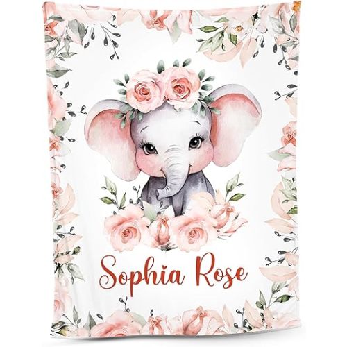 NAZENTI Personalized Elephant Baby Blanket, Custom Baby Girl Blanket with Name and Floral, Gift for Girl Boy Newborn Kid Baby Shower Birthday 30x40, 50x60, 60x80 Inches Soft Fleece, Sherpa Blanket 02
