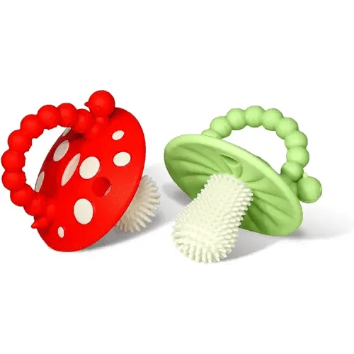 RaZbaby Chompy Teether for Infant & Baby 3M+ Teether Toy with Massaging Bristles for Teething Relief Pacifier - Soothes Sore Gums - Hands-Free & Easy-to-Hold Teether, BPA Free - RED/Green