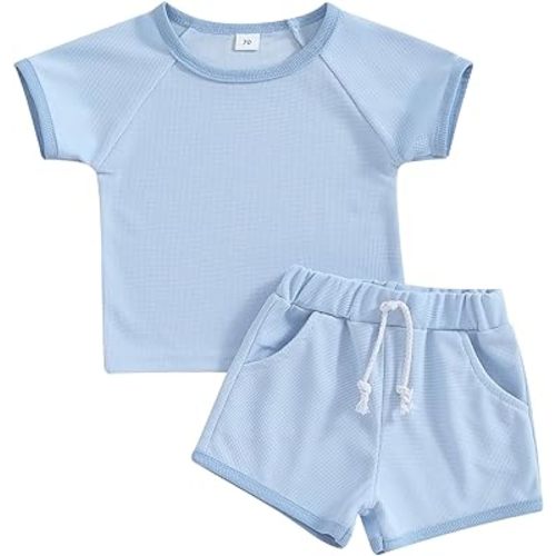 Ayalinggo Baby Girl Summer Outfit Short Sleeve Floral Waffle T-shirt Top and Shorts Set Gender Neutral Toddler Clothes