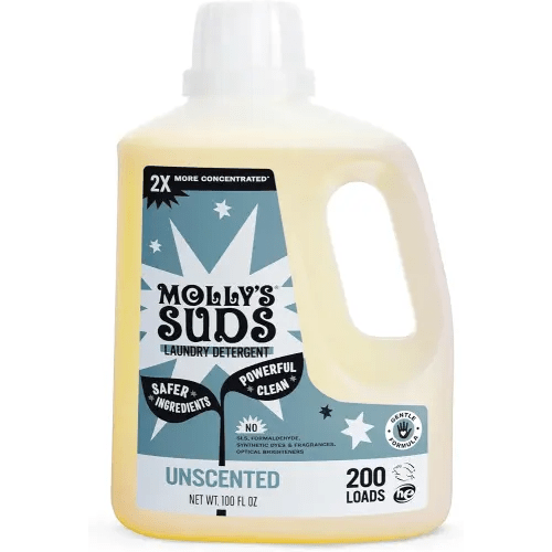 Molly's Suds Liquid Laundry Detergent | Clean Laundry Detergent Soap for Sensitive Skin | 2x Concentrated, High Efficiency (HE) (Unscented - 200 Loads)