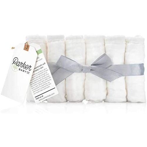 Parker Baby Washcloths - 6 Pack of 100% Cotton Muslin Wash Cloths - Soft, Absorbent and Natural - White