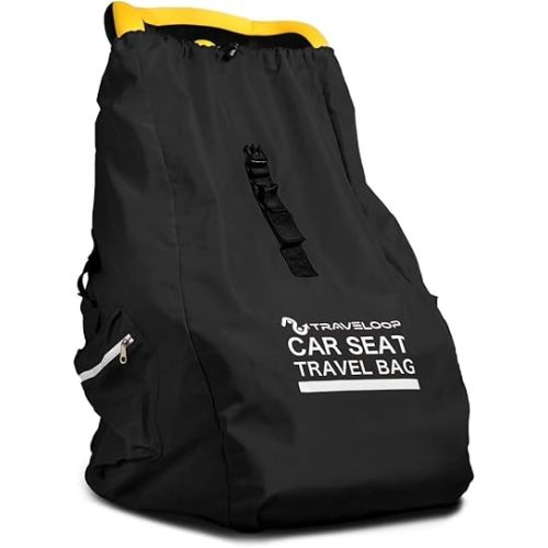 Car Seat Travel Bag for Airplane – Secure Double-Closure Travel Car Seat Bag – Gate Check Bag for Car Seats with Padded Shoulder Straps, Rubberized Carrying Handle & Storage Pouch (Black)