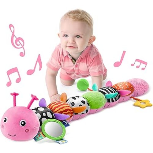LIGHTDESIRE Baby Toys Musical Caterpillar,Infant Toys Stuffed Animals with Ruler Design,Mirror,Pull String&Ring Bell,Baby Teething Toys for Tummy Time Toys Newborn Gifts 3 6 12 Months(Pink,Leafy Limb)