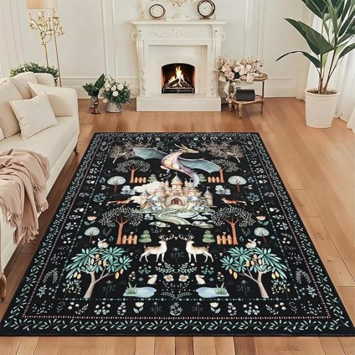 nesrt 5x7 Washable Area Rugs for Living Room Bedroom, Black Dragon Animal Print Dining Room Rugs Non Slip, Soft Botanical Forest Nursey Playroom Floor Carpets for Farmhouse Study Home Office Decor