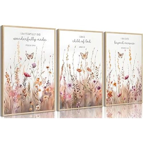 3Pcs Christian Nursery Canvas Wall Art Bible Verse Wildflowers Floral Painting Pictures Wall Decor Poster Print Artwork for Living Room Bedroom Girls Room Home Decorations Unframed