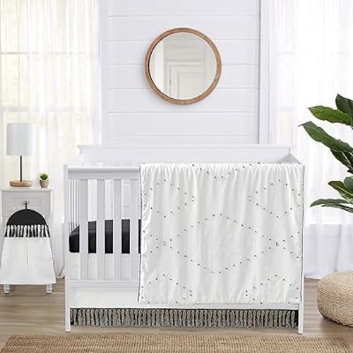 Sweet Jojo Designs Black White Boho Stitch Boy Girl Gender Neutral Unisex Baby Crib Bedding Set Infant Nursery Room Blanket Fitted Sheet Skirt Diaper Stacker 4p Farmhouse Bohemian Southwestern Fringe