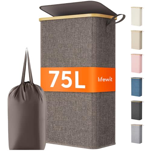 Lifewit 75L Slim Laundry Hamper with Lid, Narrow Laundry Basket with Removable Bag & Bamboo Handles, Fodable Thin Dirty Clothes Hamper for Laundry Collapsible Bin for Bathroom Bedroom Dorm, Brown