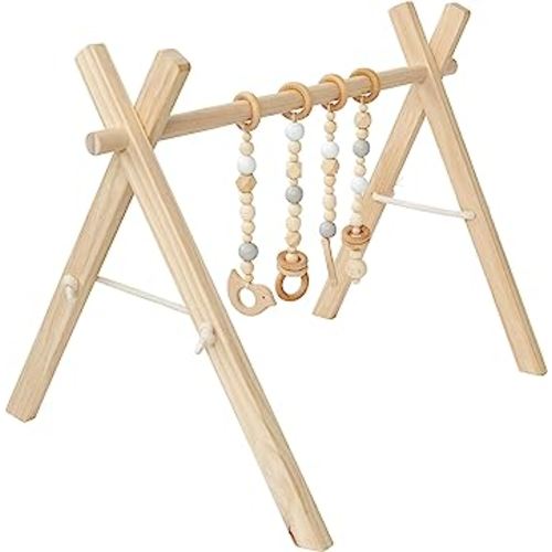 Poppyseed Play Wooden Baby Play Gym, Foldable Frame w/Hanging Bar, Tied Cotton Cord & Wooden Toys, Gender Neutral Baby Activity Set, Easy to Assemble (Natural Wood, Gray & White Toys)
