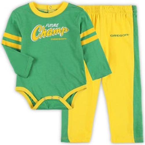 Infant Green/Yellow Oregon Ducks Little Kicker Long Sleeve Bodysuit and Sweatpants Set, 24M