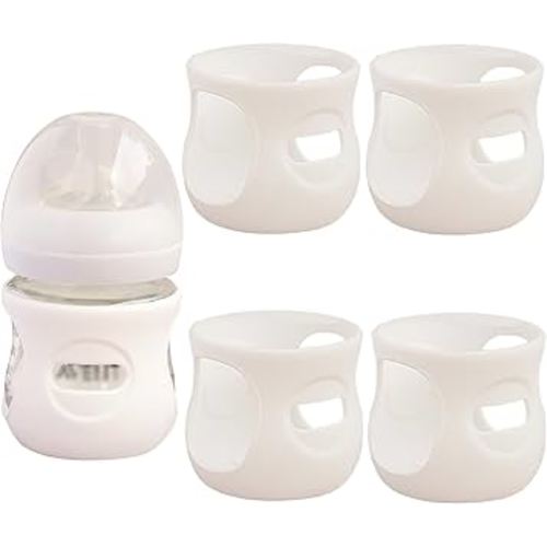 4 Pack Silicone Sleeves for Avent Natural Glass Baby Bottles, Anti Breakage Bottle Holder, Compatible with Philips Avent Glass Natural Baby Bottles (4 White, 4 OZ)