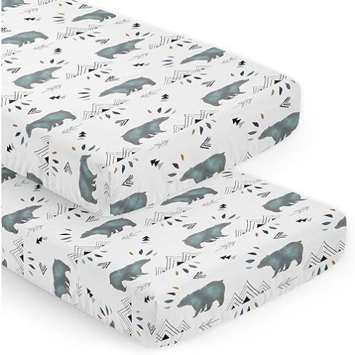 Sweet Jojo Designs Slate Blue Bear Mountain Boy Baby Fitted Crib Sheet Set Nursery Soft Infant Newborn Fits Standard Mattress or Toddler Bed - 2pc - Black and White Watercolor Woodland Forest Animal