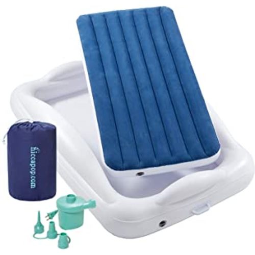 hiccapop Inflatable Toddler Travel Bed with Safety Bumpers [4-Sided] | Portable Toddler Bed for Kids | Toddler Air Mattress | Kids Air Mattress - Navy Blue