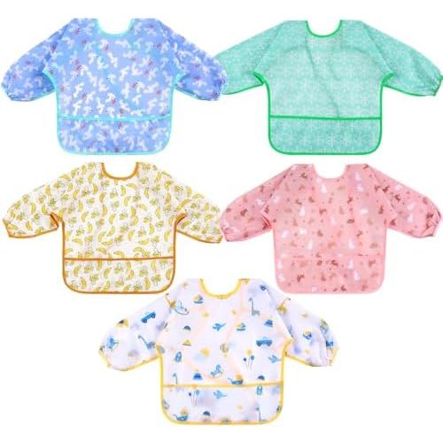 Lictin 5 Pcs Baby Long-sleeved Bibs, Waterproof Bibs with Sleeves Adjustable Feeding Bibs for Unisex Baby Toddler