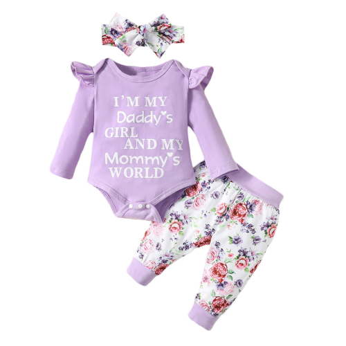 Odeerbi Baby Girls Clothes Infant Ruffle Long Sleeve Floral Print Bodysuit 3PCS Baby Layette Set