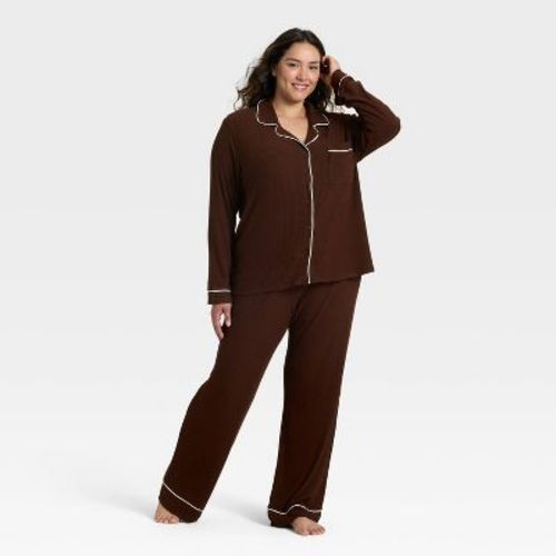 Women's Cozy Ribbed Notch Collar Long Sleeve Shirt and Pants Pajama Set - Auden™