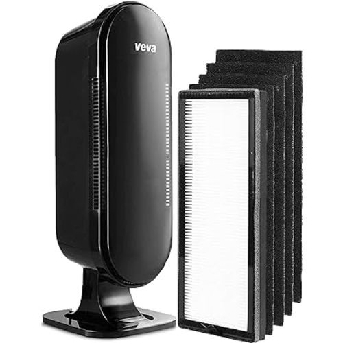 VEVA 8000 Black Air Purifier for Home, Pets Hair, Dander, Large Room, 325 Sq Ft., HEPA Filter & 4 Premium Activated Carbon Pre Filters Removes Allergens, Smoke, Dust, Pet & Odor for Home & Office