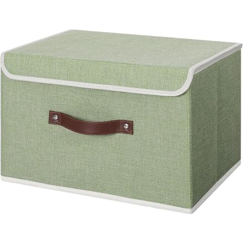 ANMINY Storage Bin with Lid Storage Boxes with PU Leather Handles PP Plastic Board Decorative Foldable Lidded Cotton Linen Fabric Home Cubes Baskets Closet Organizer Container - Green, Large Size