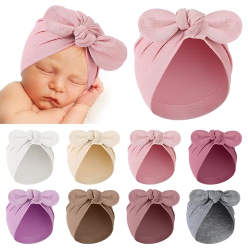 Suhine 8 Pcs Preemie Hats for Baby Girls Boys Cotton Premature Knot Hats Newborn Hospital Cap Warm Nicu Beanie (Rabbit Style)