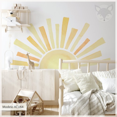 watercolor sun sticker, half sun wall decal, sun rays vinyl, stickers kindergarten, classrooms, babies girls and boys, nursery decor, acu64