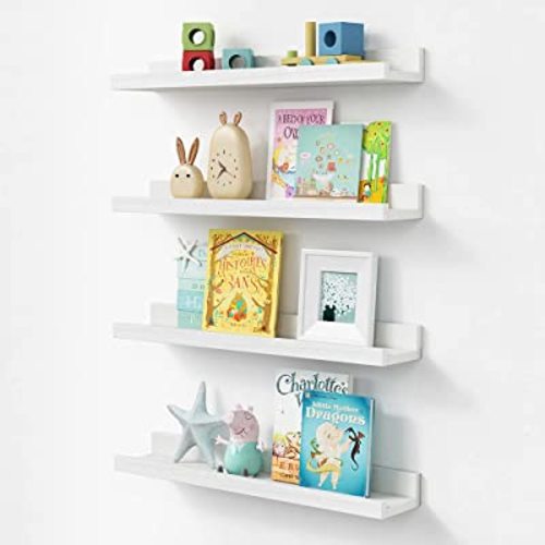 Forbena White Nursery Book Shelves Wall Mounted Set of 4, 23 Inch Long Floating Bookshelf for Kids Room, Wood Picture Ledge Shelf for Living Room Bedroom Corner, Baby Child Toddler Bookshelves