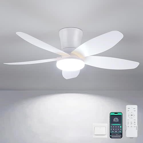 Ceiling Fans with Lights-36 Low Profile Ceiling Fan with Light and Remote/APP Control,Flush Mount,DC Reversible,LED Dimmable Modern Ceiling Fans for Bedroom,Indoor/Outdoor Patio Use(White)