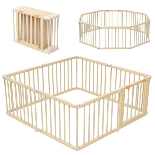 Baby Playpen, Foldable Wooden Playpen for Babies and Toddlers, Adjustable Multi-Shape Play Yard with Gate, 8 Panels Baby Fence, Indoor Play Area, Child Activity Center