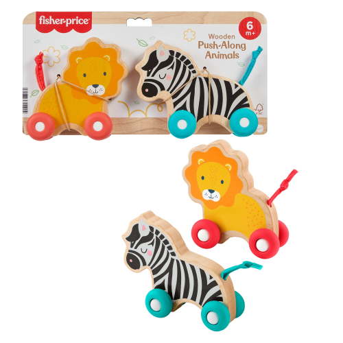 Fisher-Price Wooden Push Along Animals, Lion & Zebra Toy Vehicles for Infant Crawling Play
