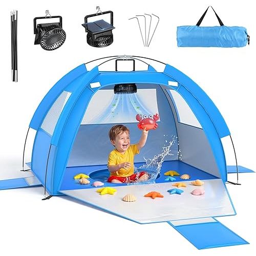 Dsquu Baby Beach Tent Solar Cooling Fan, Anti-UV Toddler Beach Tent Sun Shelter Portable Travel Fan Beach Shade Tent, Baby Play Tent Built-in Ceiling Fan Sun Shelters Toddler Beach Essentials Blue